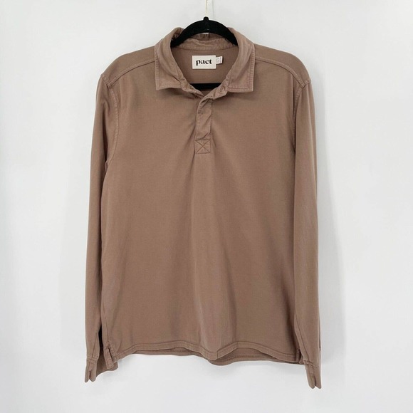 Pact Other - Pact Organic Vintage Long Sleeve Polo Shirt Sz L Men's Brown Collared Side Split